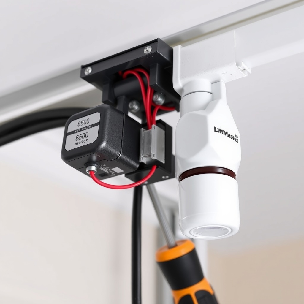 A photorealistic close-up of two LiftMaster 8500 safety sensors mounted on a garage door t