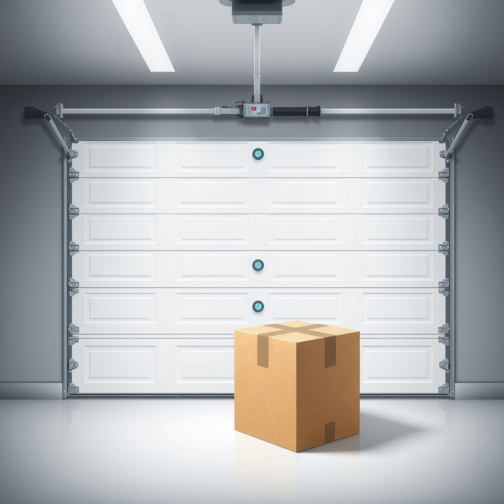 A photorealistic illustration of a garage door reversing upon contact with a cardboard box
