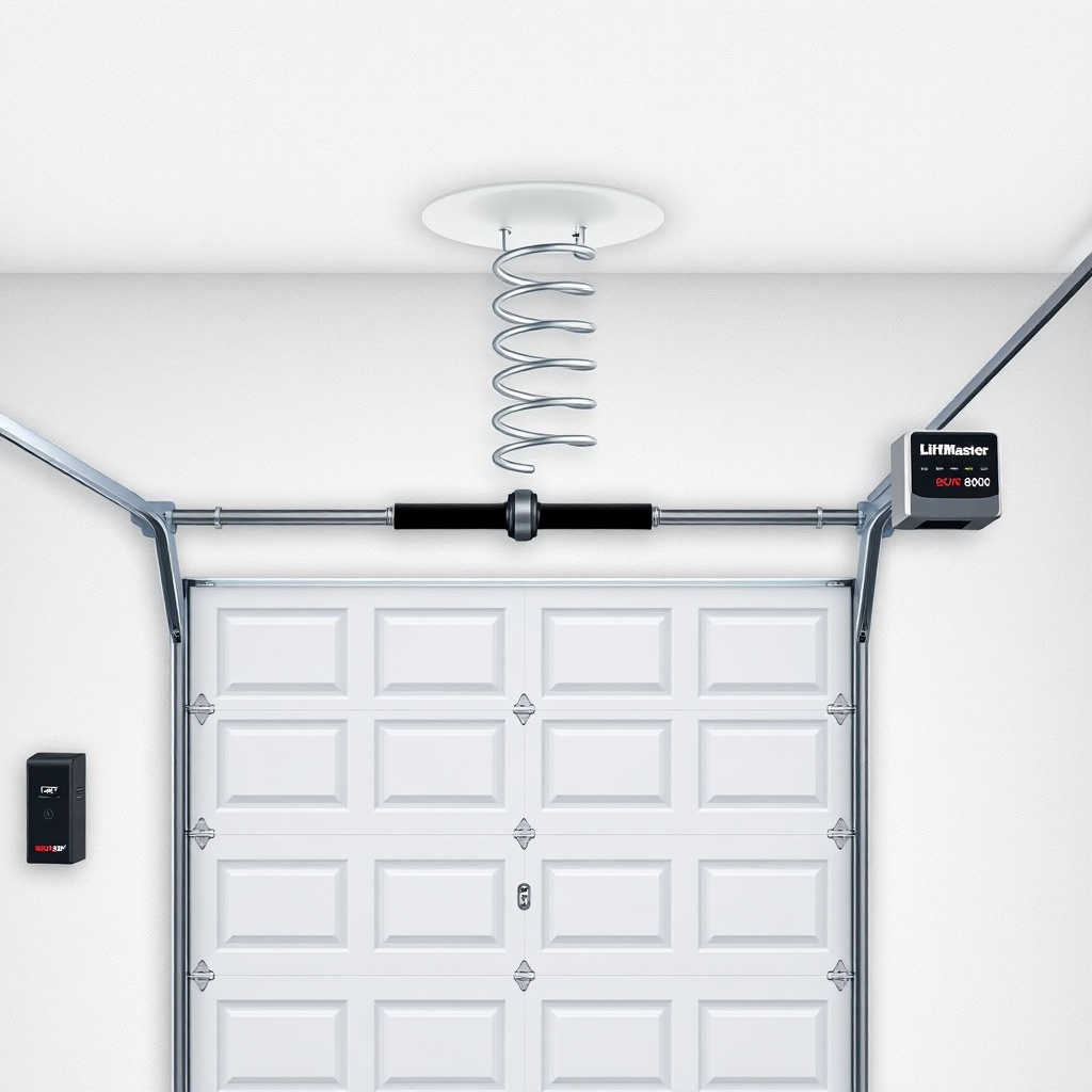 clean photorealistic photo illustration of a garage door showing a torsion spring assembly
