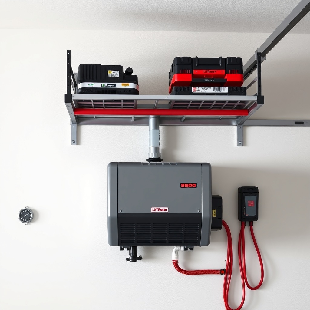 <clean photorealistic photo of a LiftMaster 8500 unit mounted on a garage wall with overhe