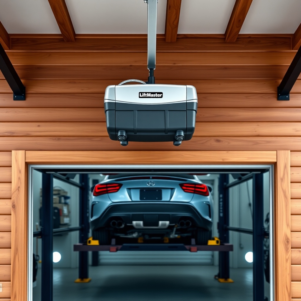 <clean photorealistic photo of a LiftMaster 8500 installed on a wooden double garage door