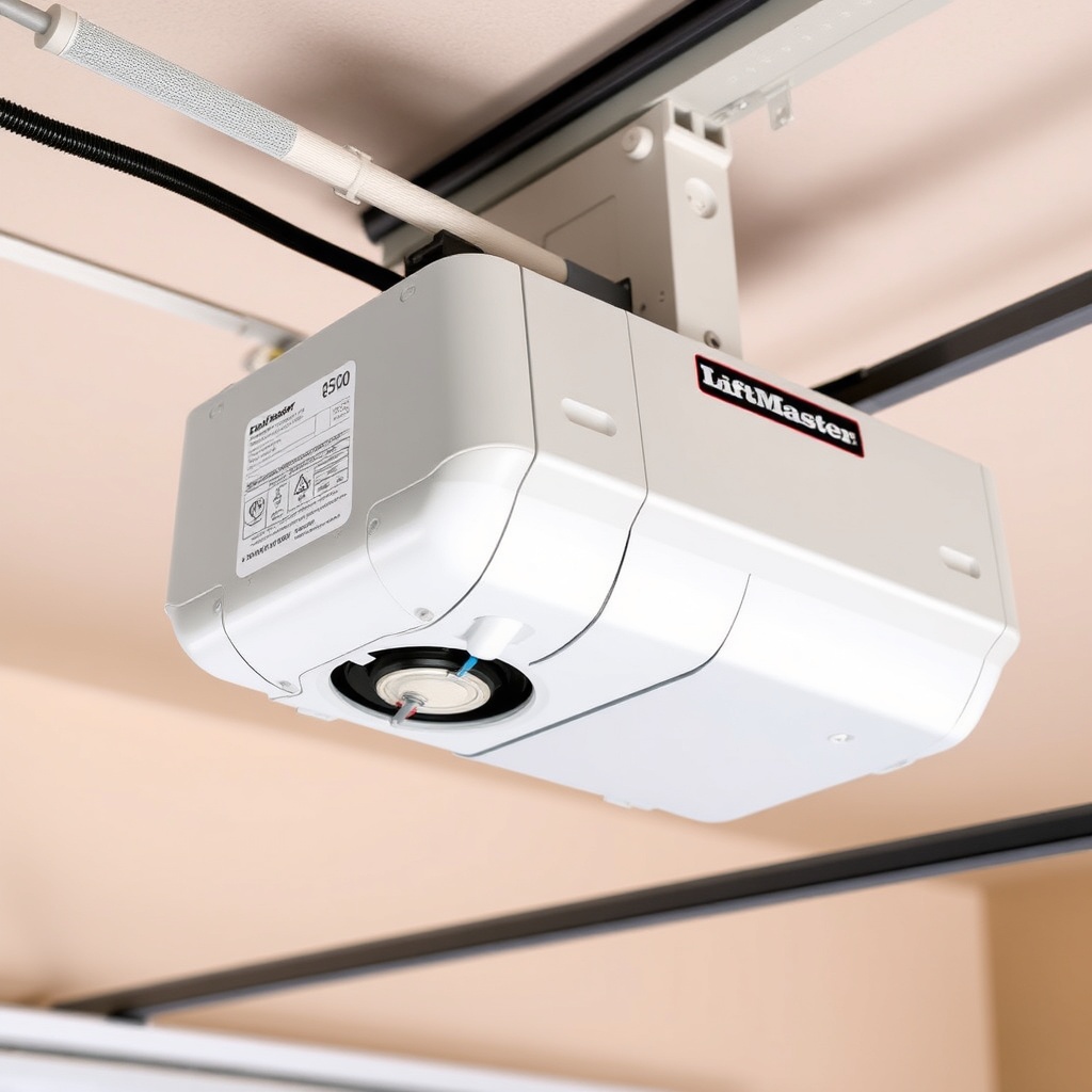 A clean photorealistic photo of a LiftMaster 8500 wall-mount opener mounted on a garage ce