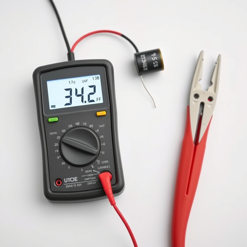 A clean photorealistic photo showing a digital multimeter connected to a capacitor's termi