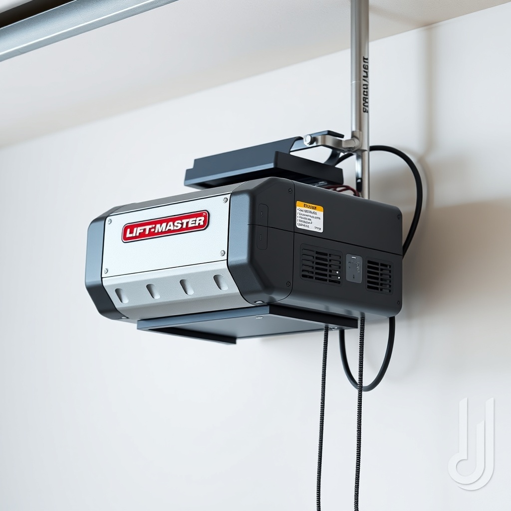 <clean photorealistic photo of a LiftMaster 8500 mounted on a garage wall with torsion spr