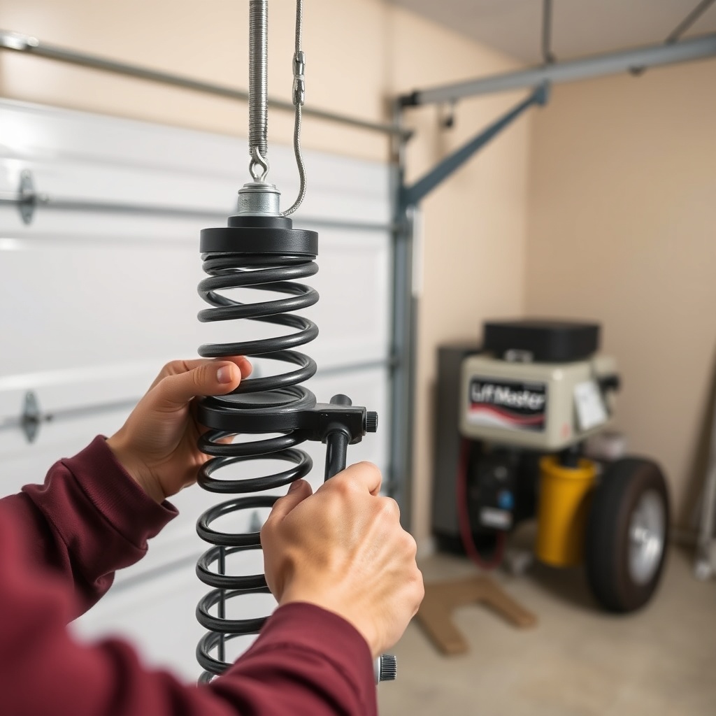 <clean photorealistic photo of a person using winding bars on a torsion spring near a Lift