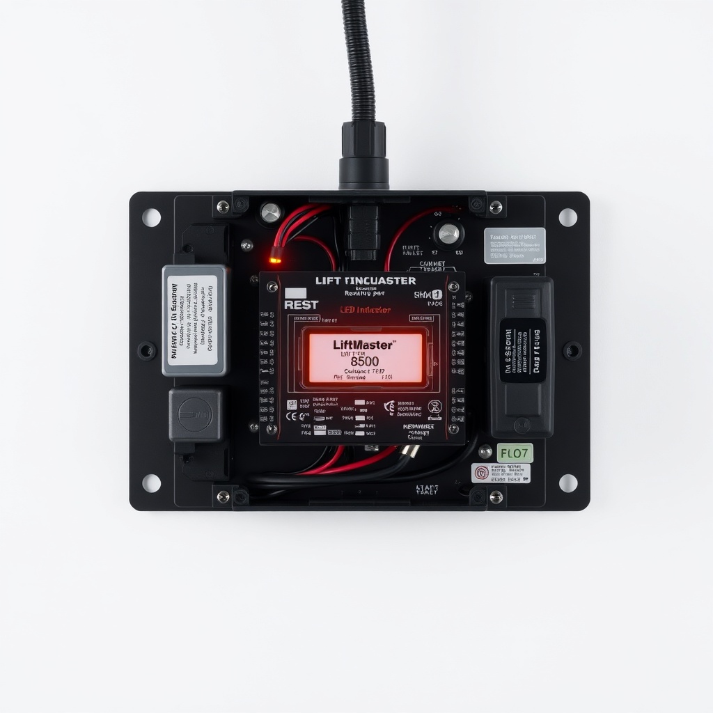 <clean photorealistic photo/illustration showing the LiftMaster 8500’s logic board with an