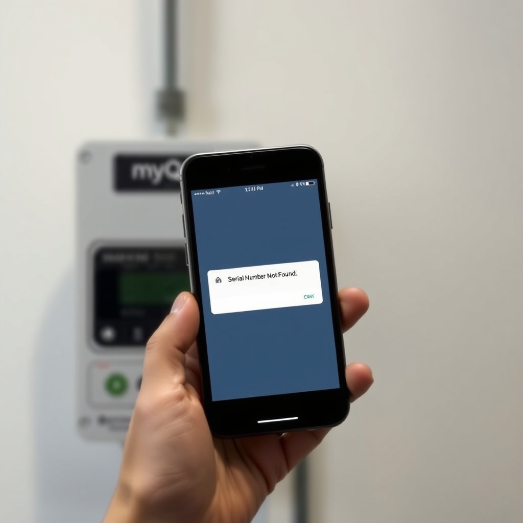 <clean photorealistic photo/illustration of a smartphone showing the myQ app error screen