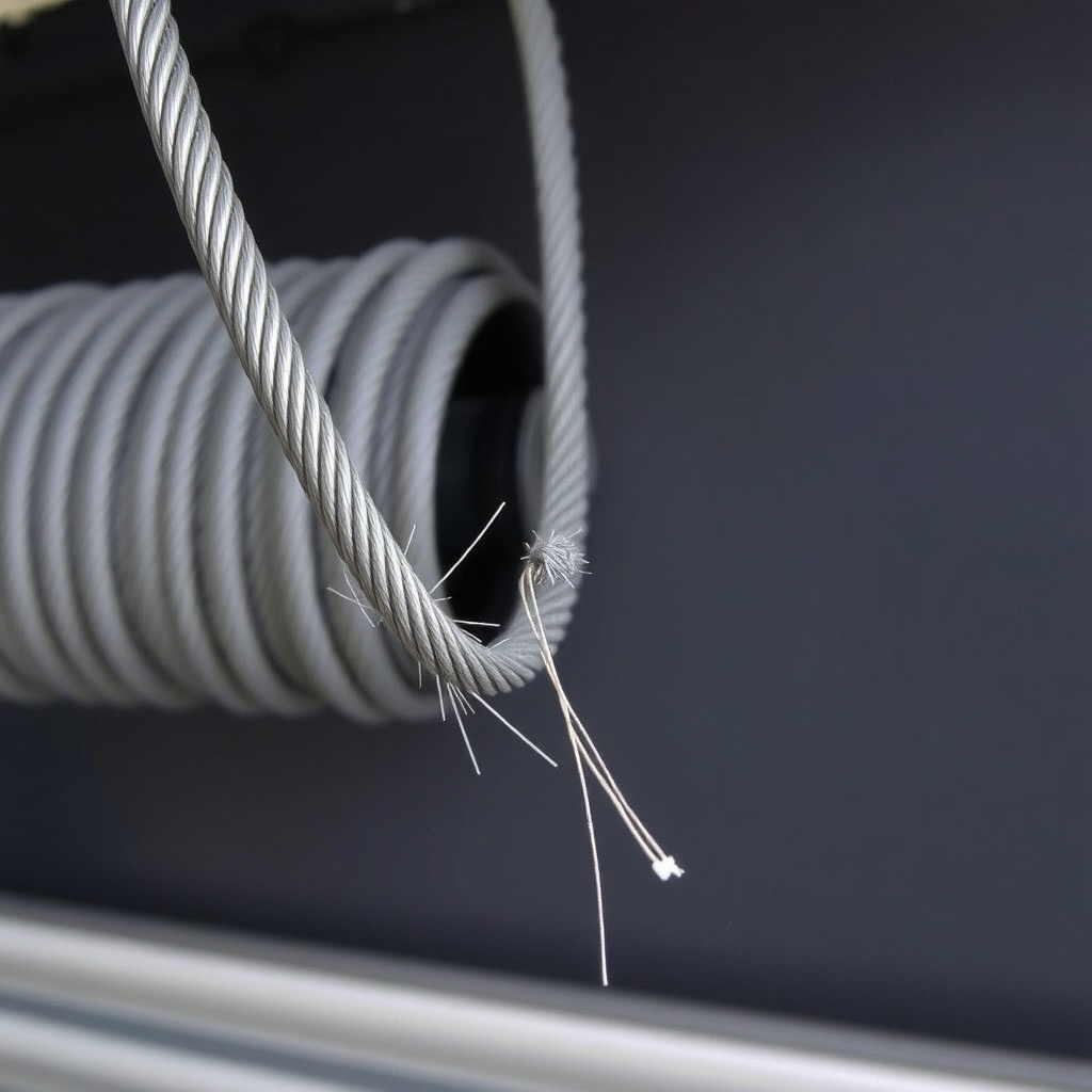 Close-up photograph of a frayed steel cable winding around a garage door drum