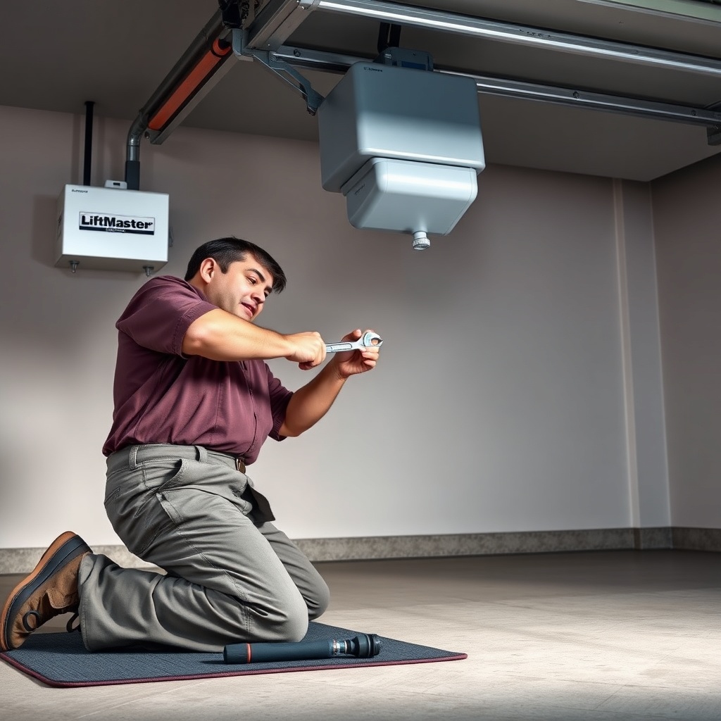 Photorealistic image of a professional garage door technician kneeling next to a LiftMaste