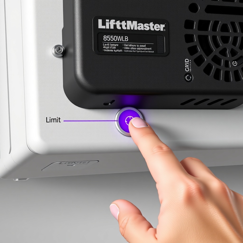 Photorealistic illustration of a LiftMaster 8550WLB motor unit with the purple limit adjus
