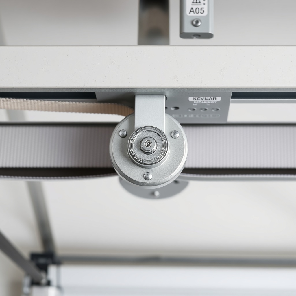 A close-up photorealistic photo of a garage door opener rail with a white Kevlar belt and