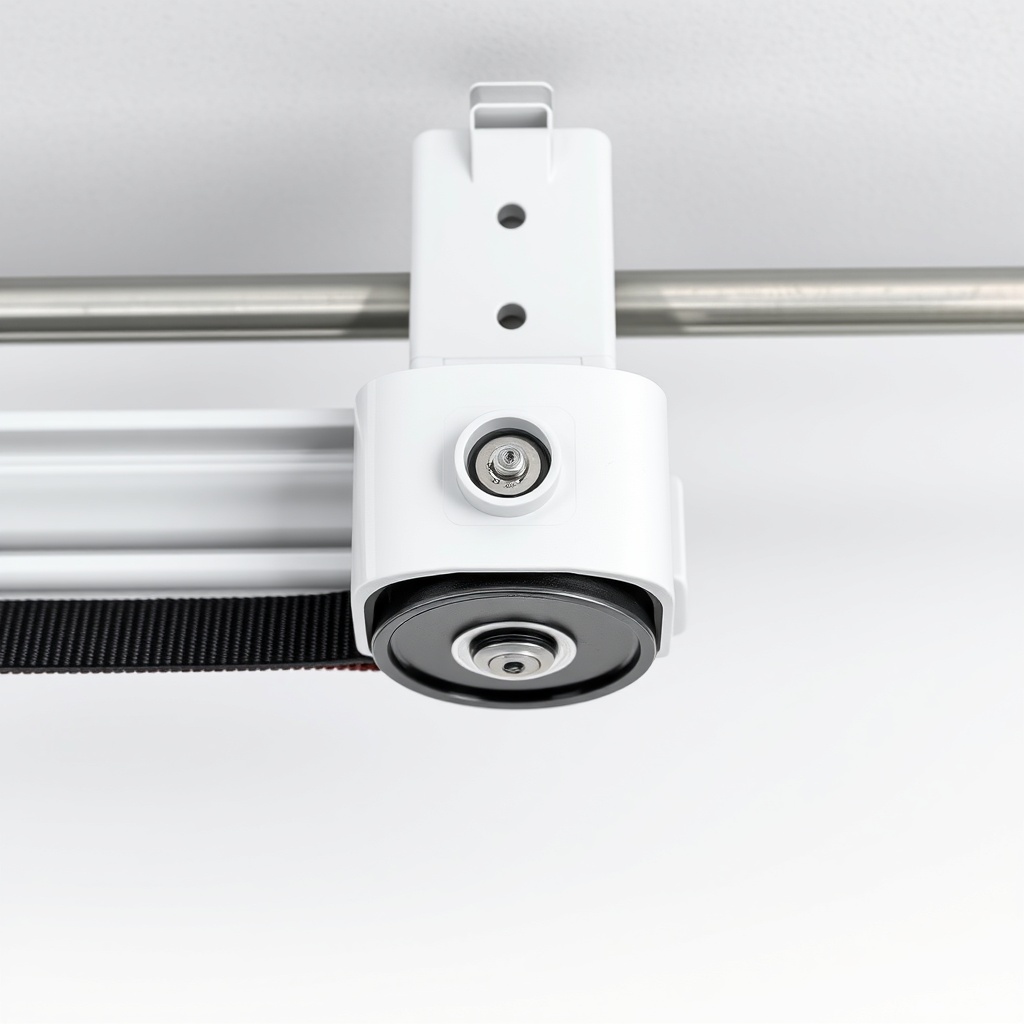 A clean photorealistic illustration of a garage door opener rail with the trolley pin and