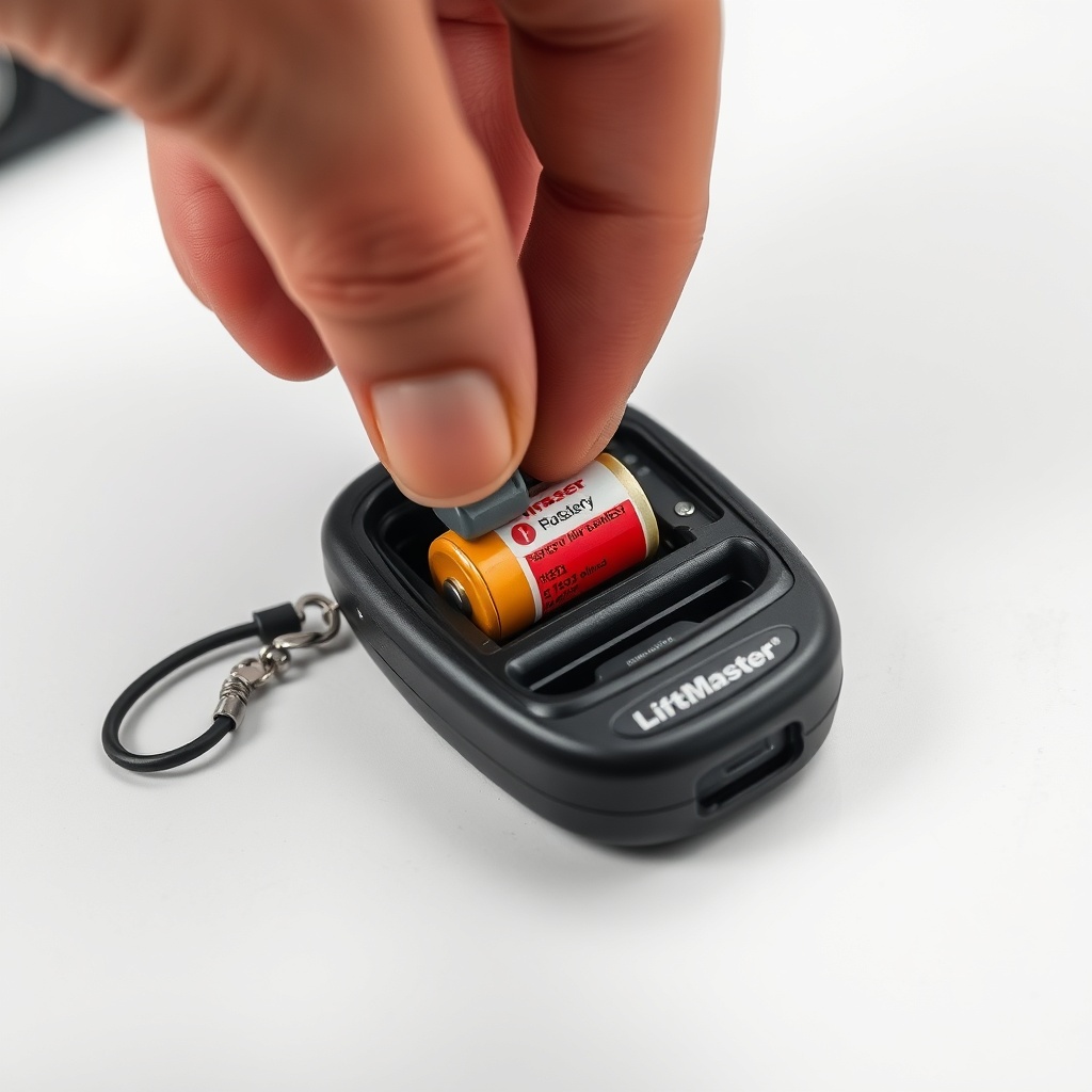 A photorealistic close-up showing a hand inserting a CR2032 battery into an open LiftMaste