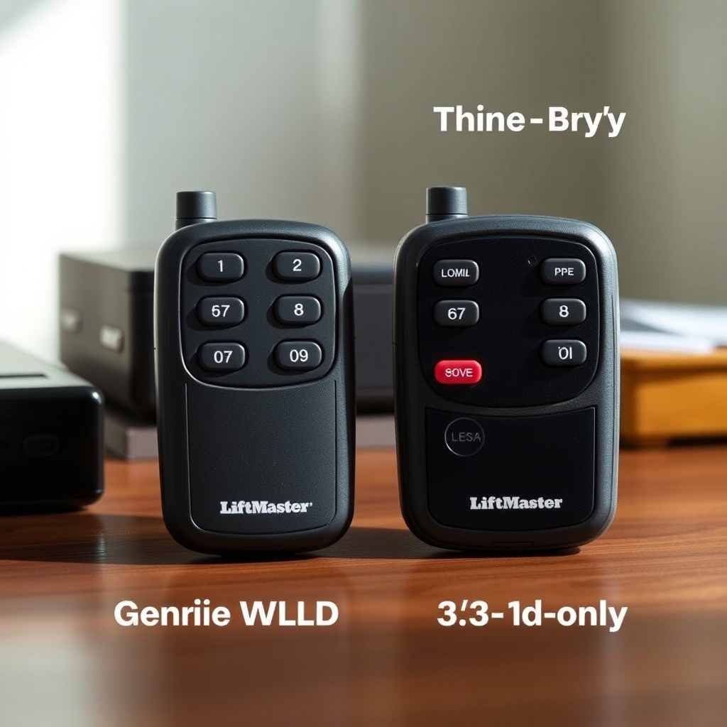 A photorealistic image of two LiftMaster 8550WLB remotes side by side on a wooden desk