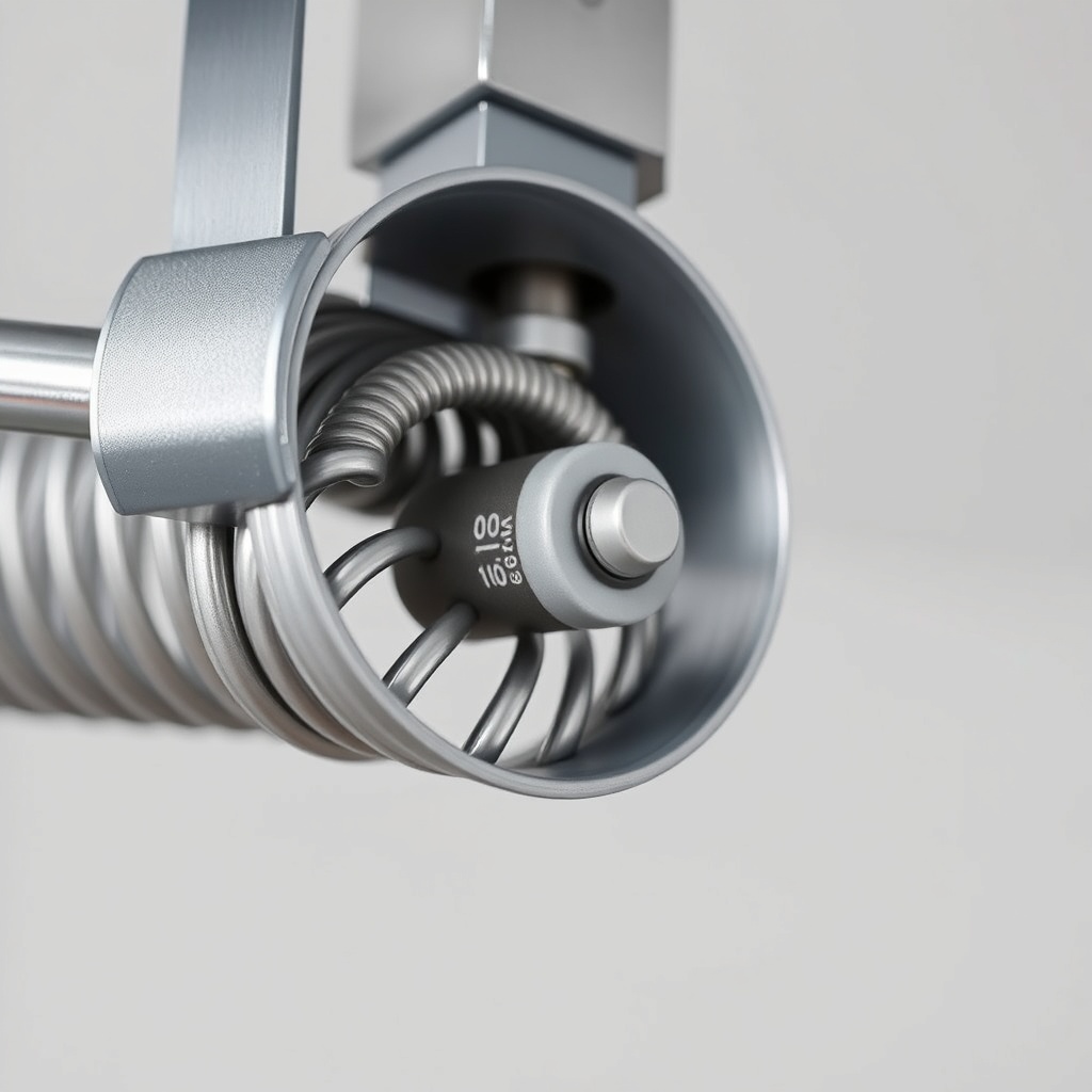 A clean photorealistic photo of a garage door torsion spring with a winding bar inserted
