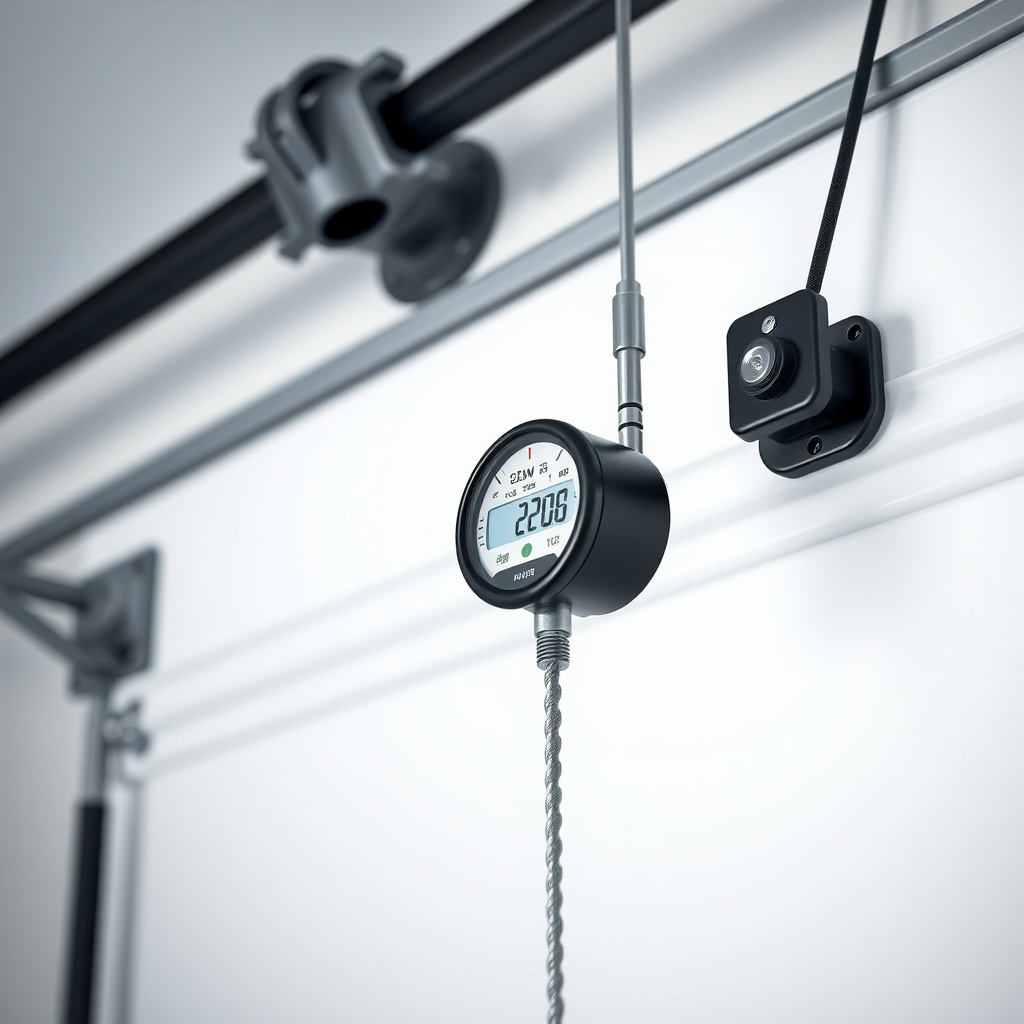 A clean photorealistic photo of a digital spring tension gauge attached to a garage door c