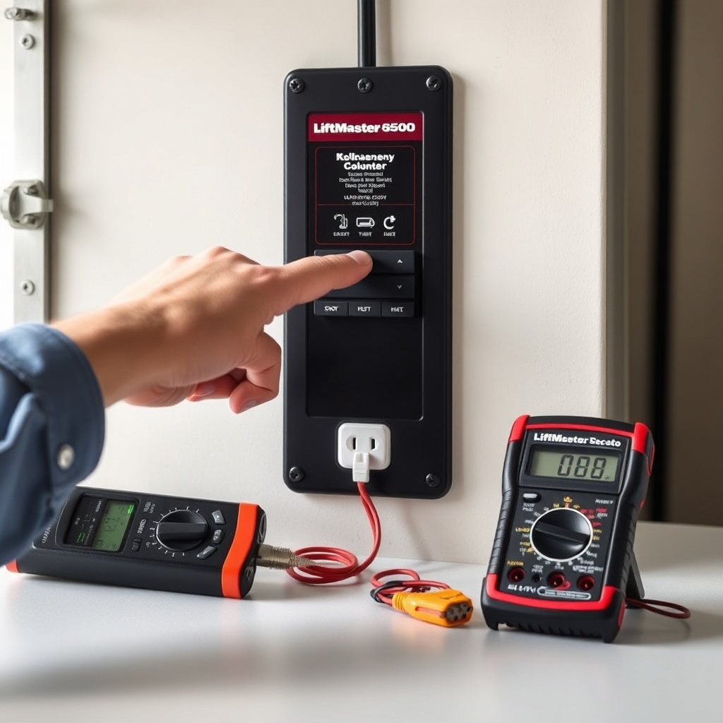 A close-up shot of a LiftMaster 8550WLB wall control panel with a homeowner’s hand pressin