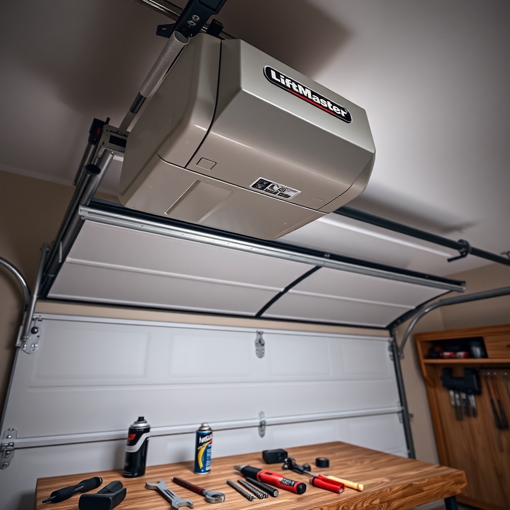 A wide-angle shot of a residential garage door partially open with the LiftMaster 8550WLB