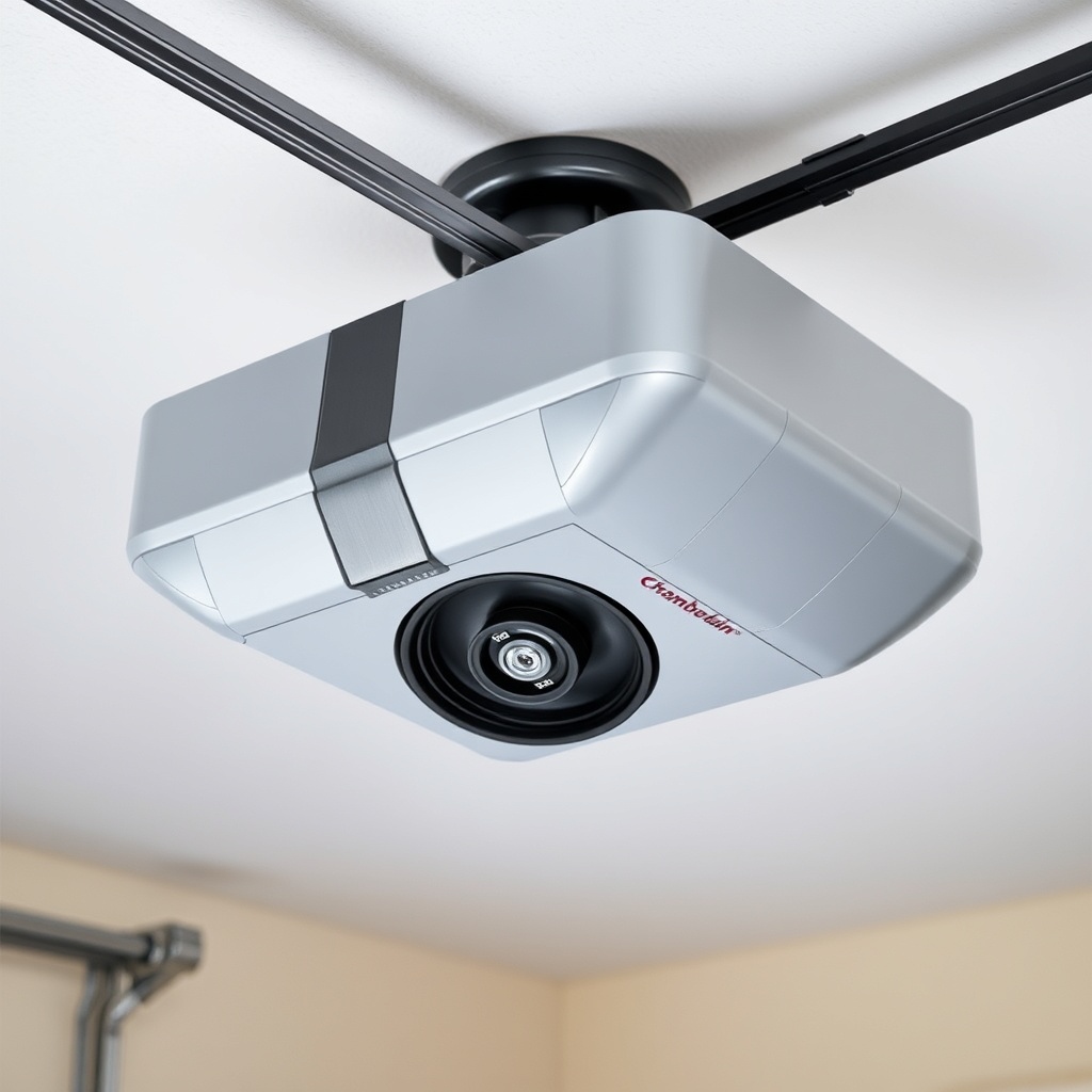 A clean photorealistic photo of a Chamberlain B1381 opener mounted on a garage ceiling