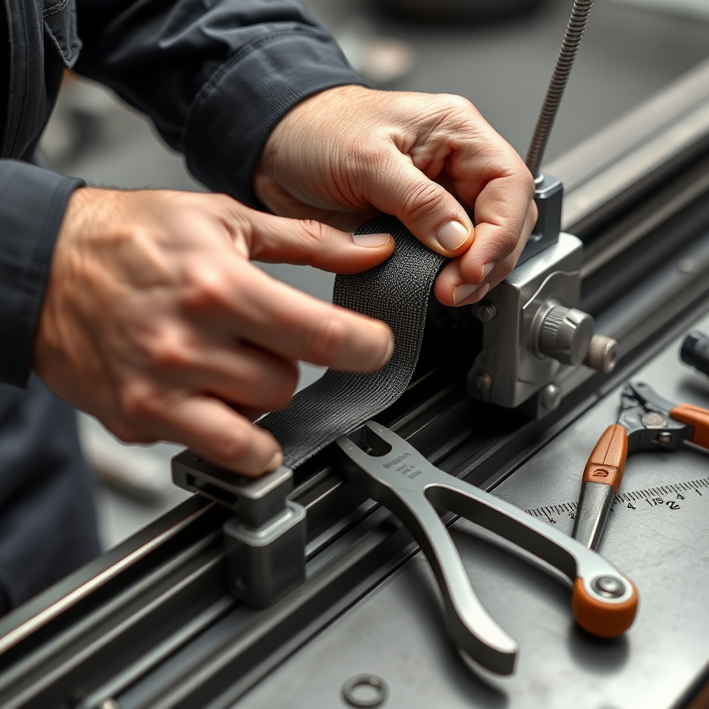 A clean photorealistic photo of a technician’s hands threading a new belt rail on a Chambe
