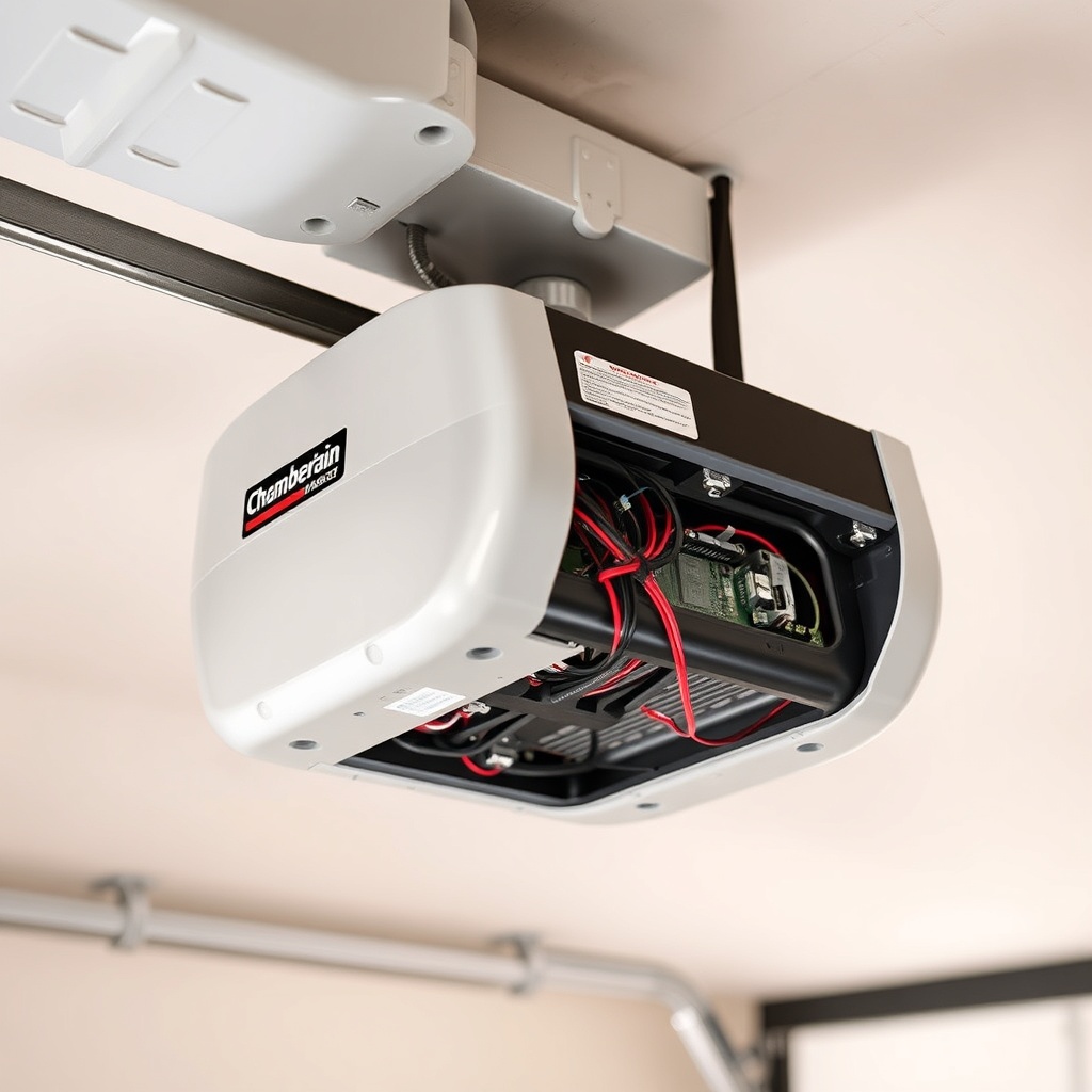 A clean photorealistic photo showing a Chamberlain B1381 opener mounted on a garage ceilin