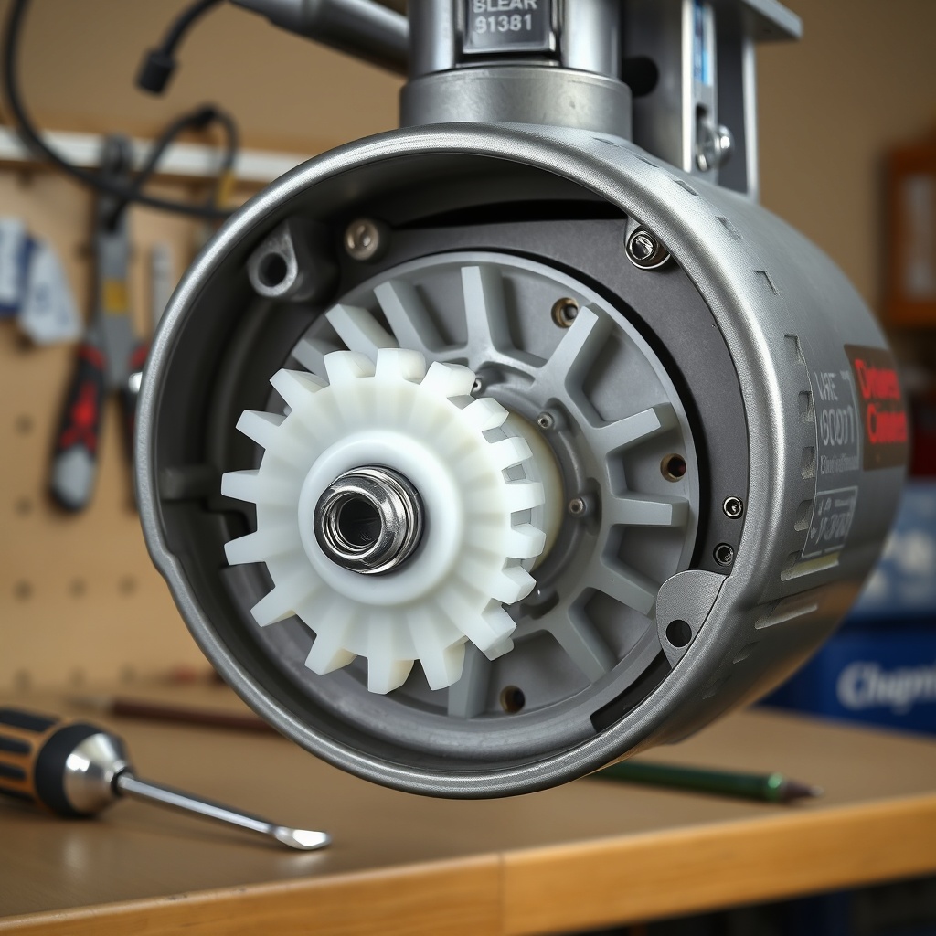 A clean photorealistic photo of a Chamberlain B1381 opener with its cover removed