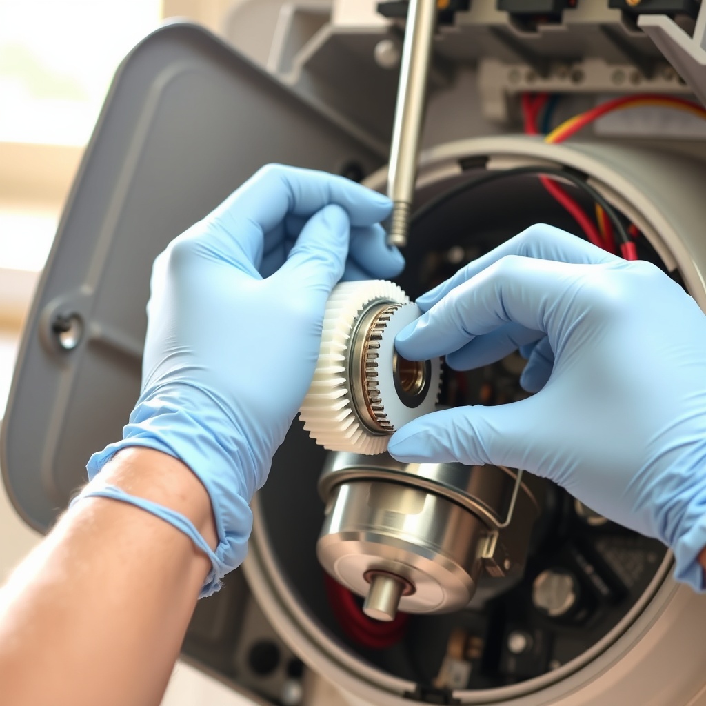 A clean photorealistic photo of a person's hands placing a new drive coupling onto the mot