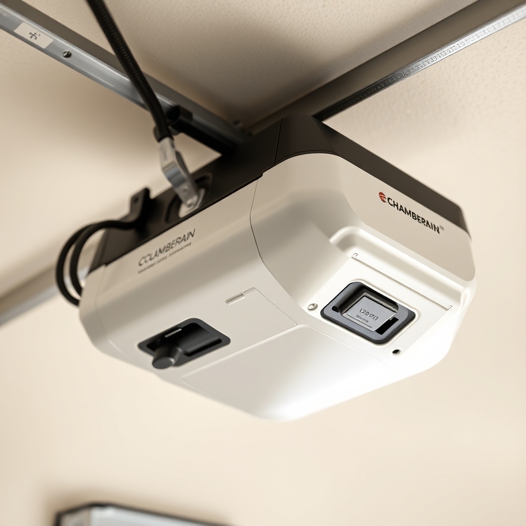 <photorealistic close-up of a Chamberlain B1381 garage door opener mounted on a ceiling