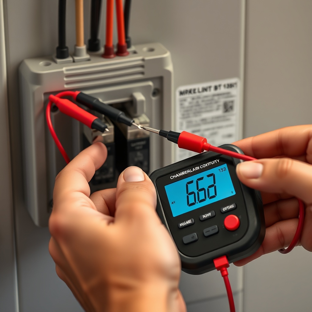 <photorealistic image of a person's hands holding a digital multimeter with probes touchin