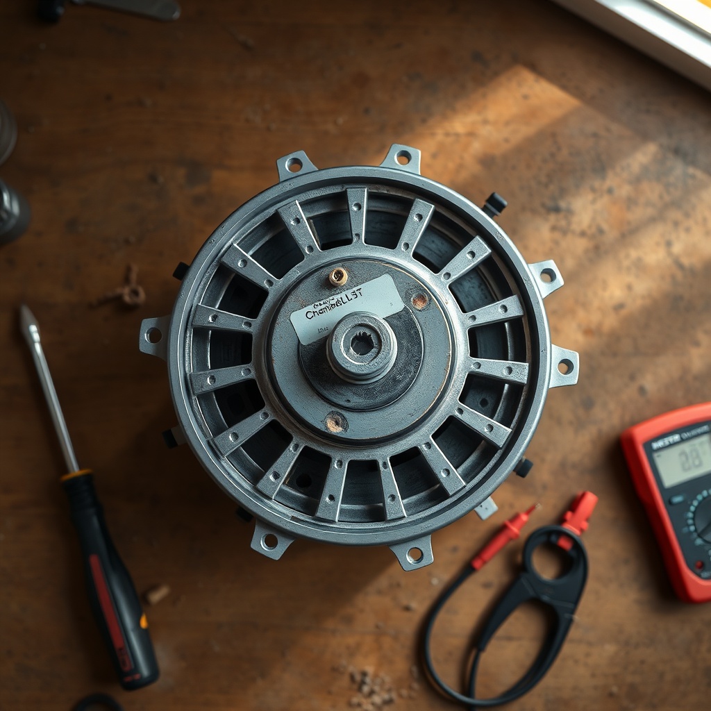 A photorealistic top-down view of a Chamberlain B1381 motor assembly sitting on a workbenc