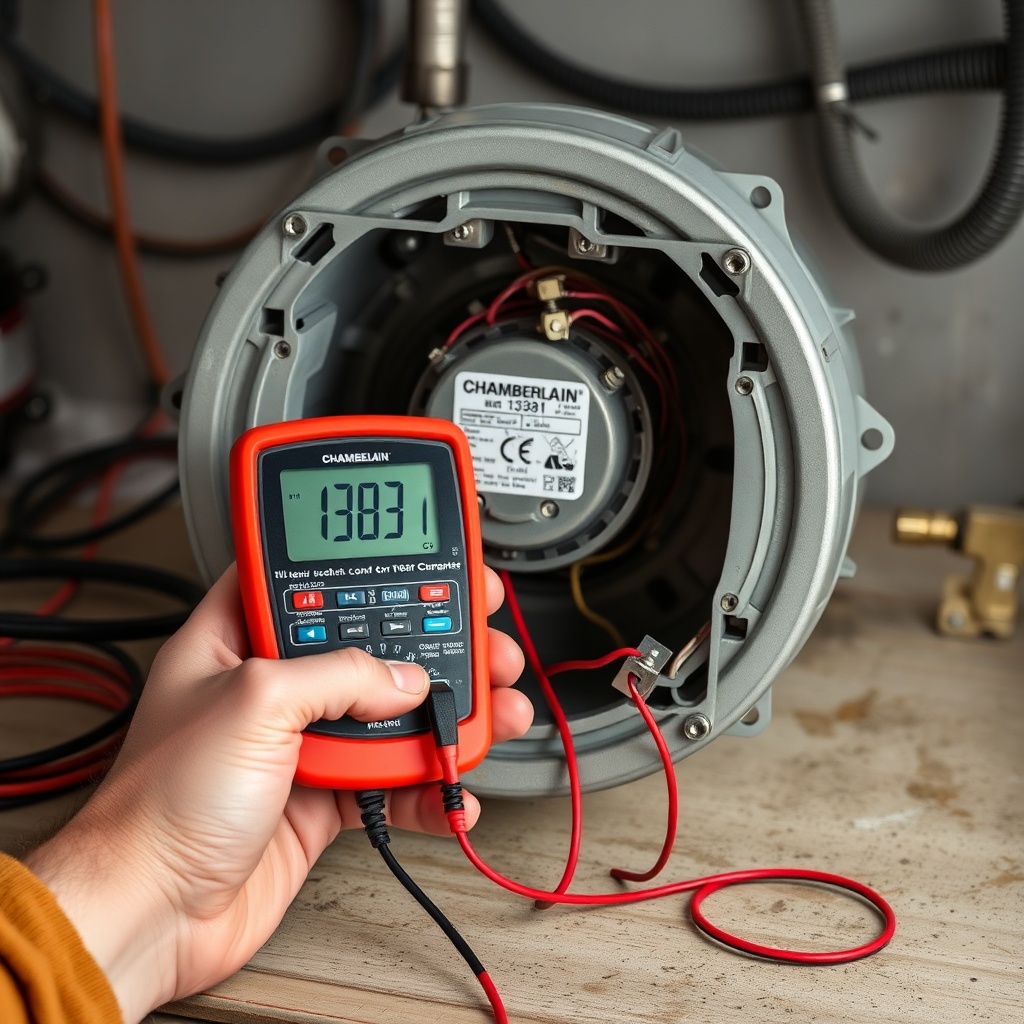 A photorealistic close-up of a DIYer’s hands using a multimeter to test a Chamberlain B138