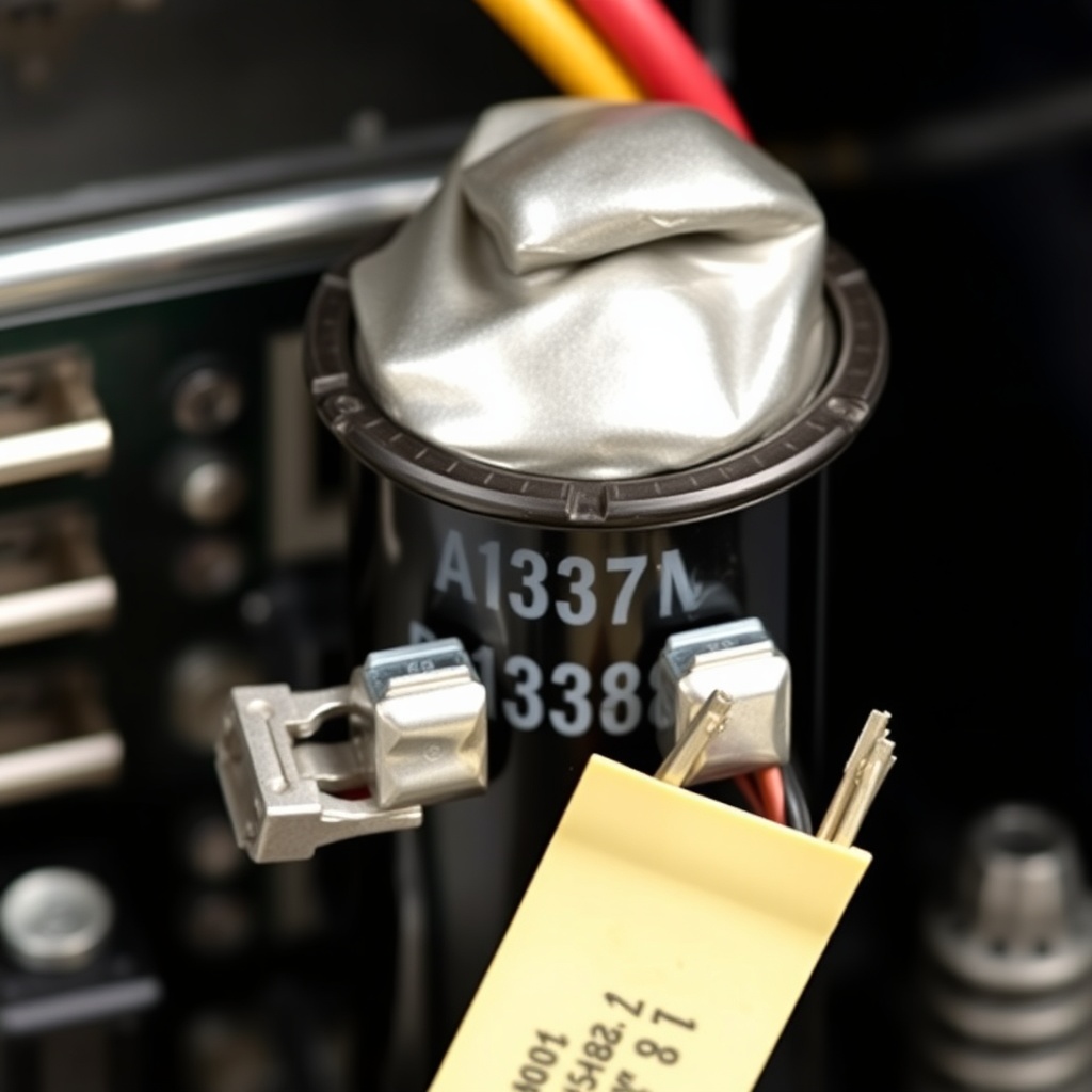 Close-up photo of a Chamberlain B1381 circuit board with the start capacitor clearly shown