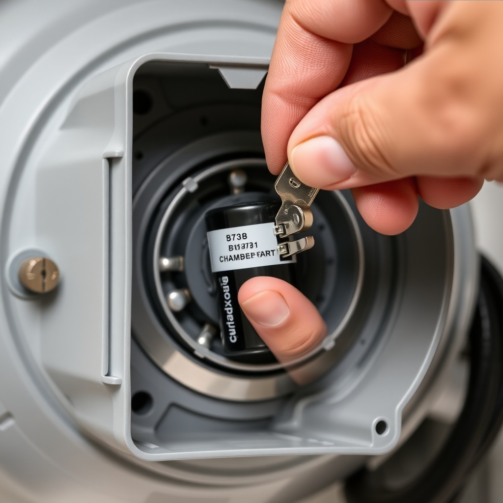 Photo of hands disconnecting spade terminals from a cylindrical start capacitor inside a C