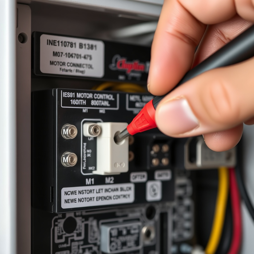 Close-up of a technician's hand using a multimeter's probe on the M1 and M2 terminals of a