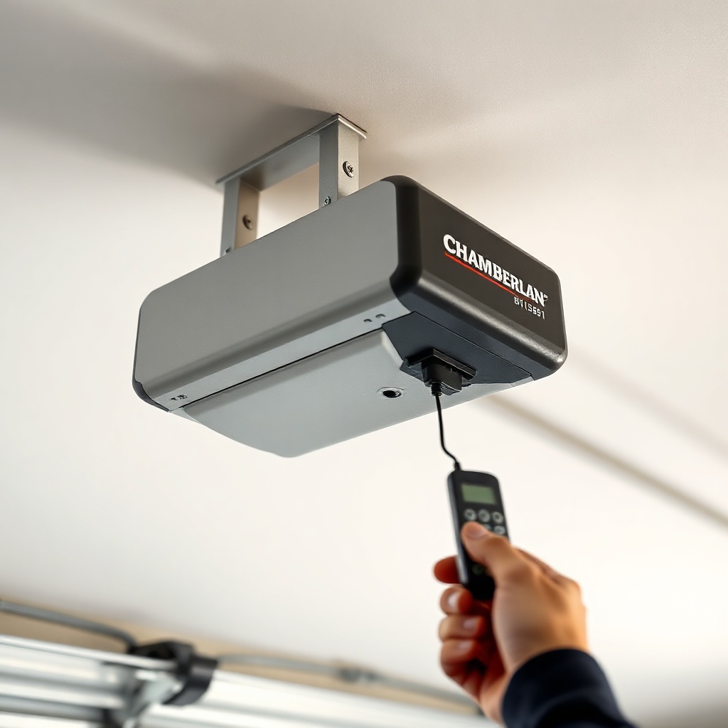 A photorealistic side‑view of a Chamberlain B1381 garage door opener mounted on a white ce