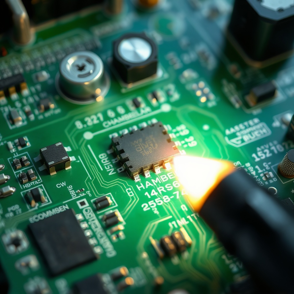 A close‑up photorealistic photo of a Chamberlain B1381 circuit board being viewed with a s