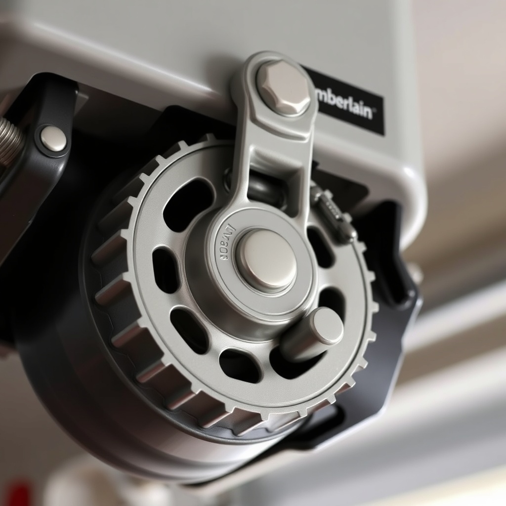 A clean photorealistic close-up of a Chamberlain B1381 garage door opener with the chain c