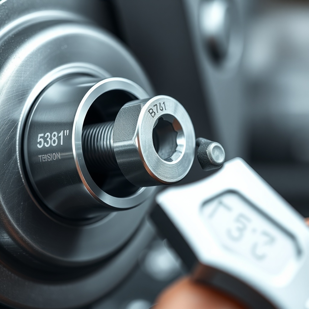 A clean photorealistic photo showing a technician's hand using a 5/16" socket on a B1381 t