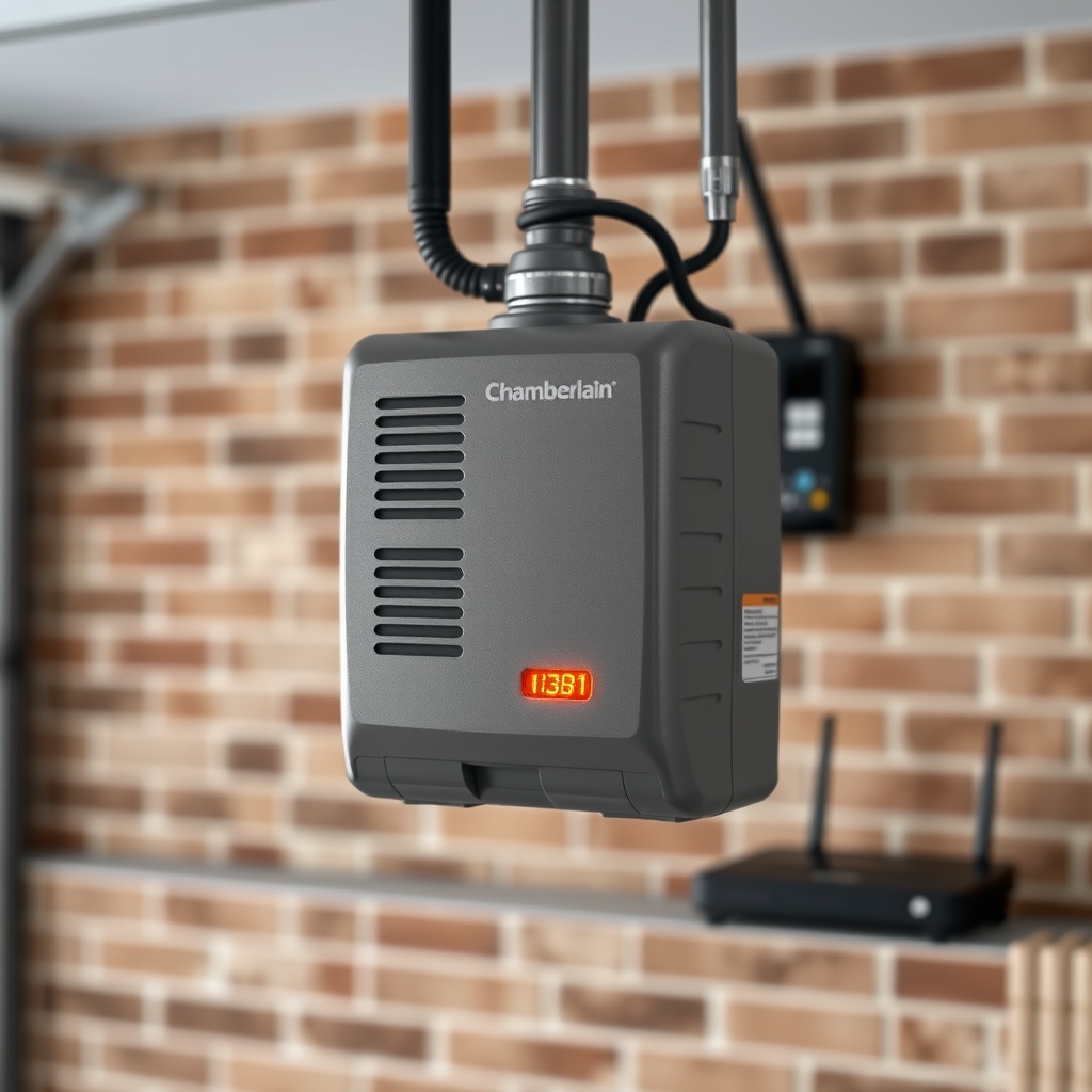 Clean photorealistic photo of a Chamberlain B1381 motor unit with orange LED flashing