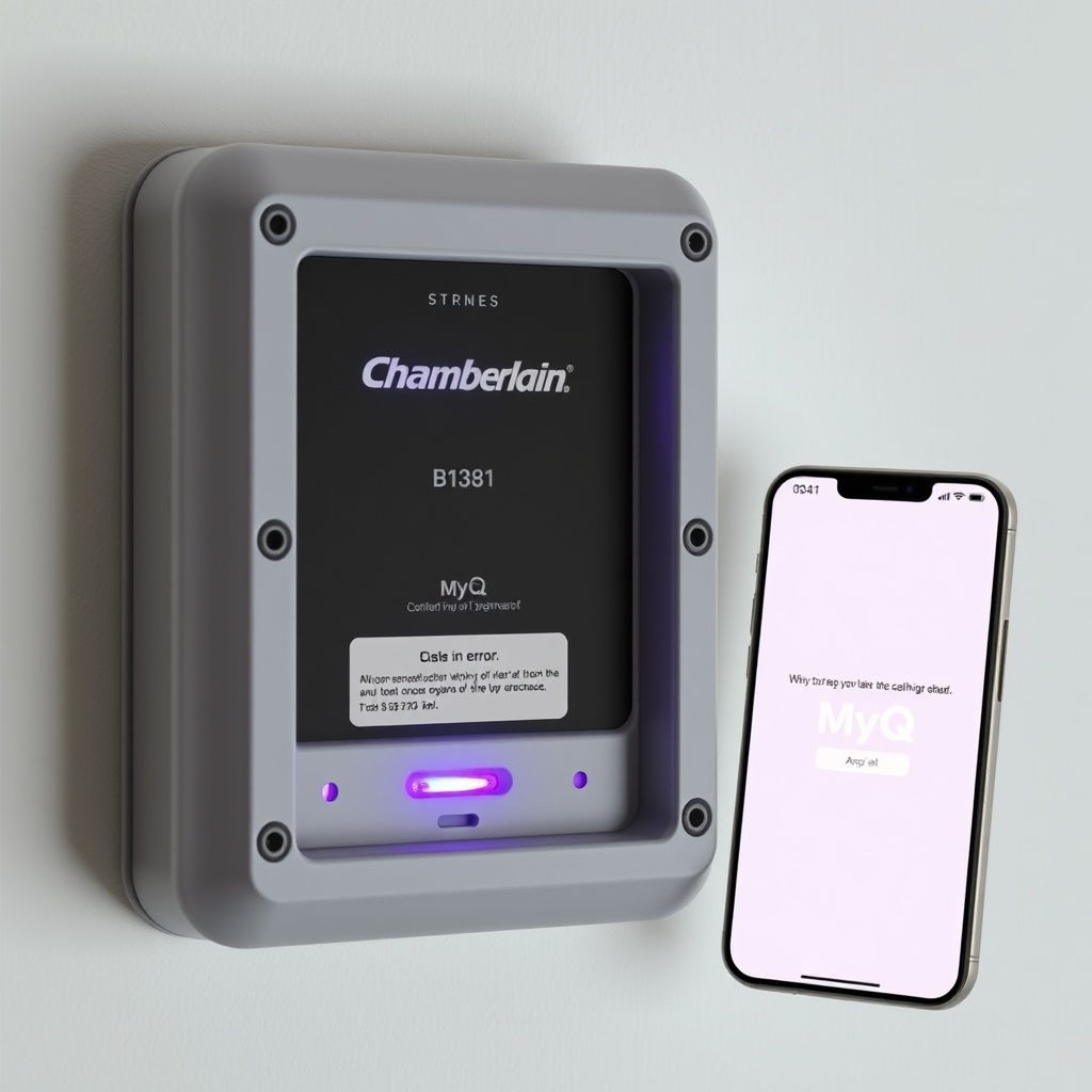 Clean photorealistic photo of a Chamberlain B1381 back panel with a purple LED emitting li