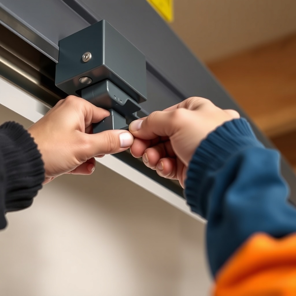 <clean photorealistic photo of a homeowner adjusting the limit switch tab on a Genie Silen