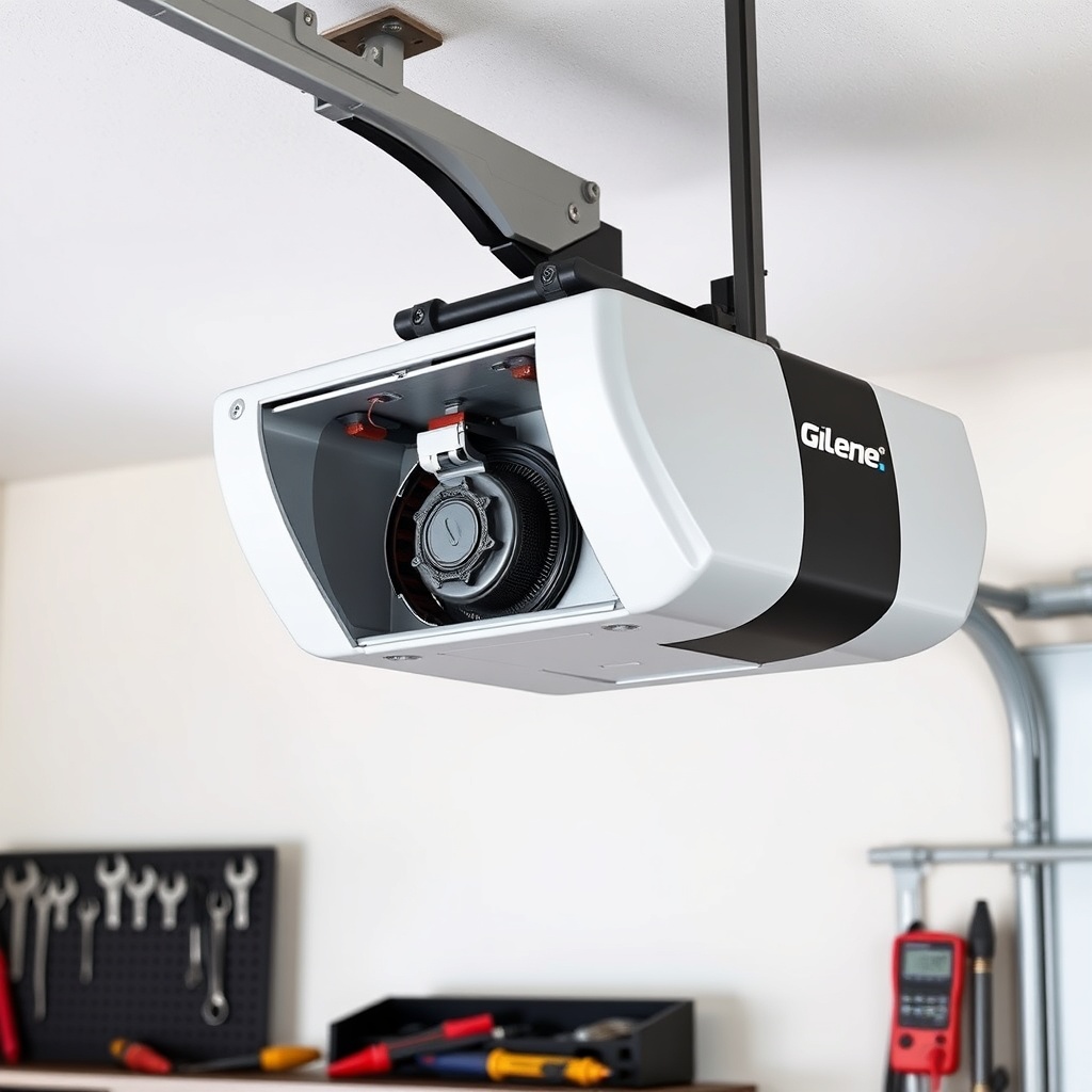 A clean photorealistic photo showing a Genie SilentMax 1200 opener mounted to a garage cei