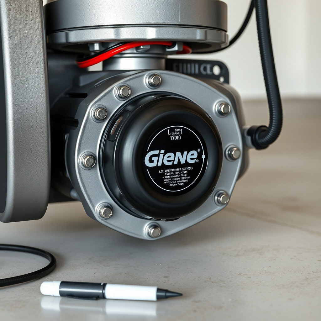 A clean photorealistic photo showing a close-up of a new Genie motor being aligned with th
