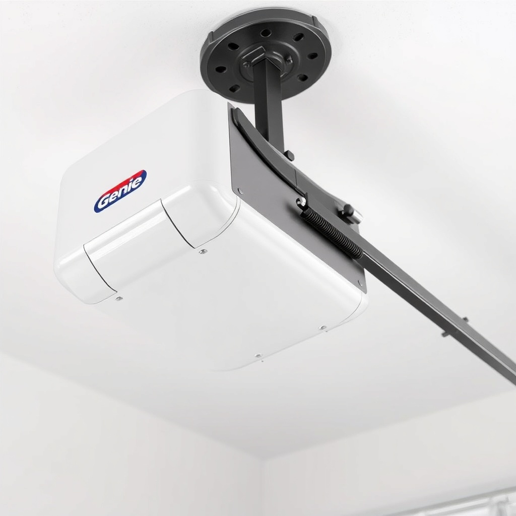 A clean photorealistic photo showing a Genie SilentMax 1200 garage door opener mounted on