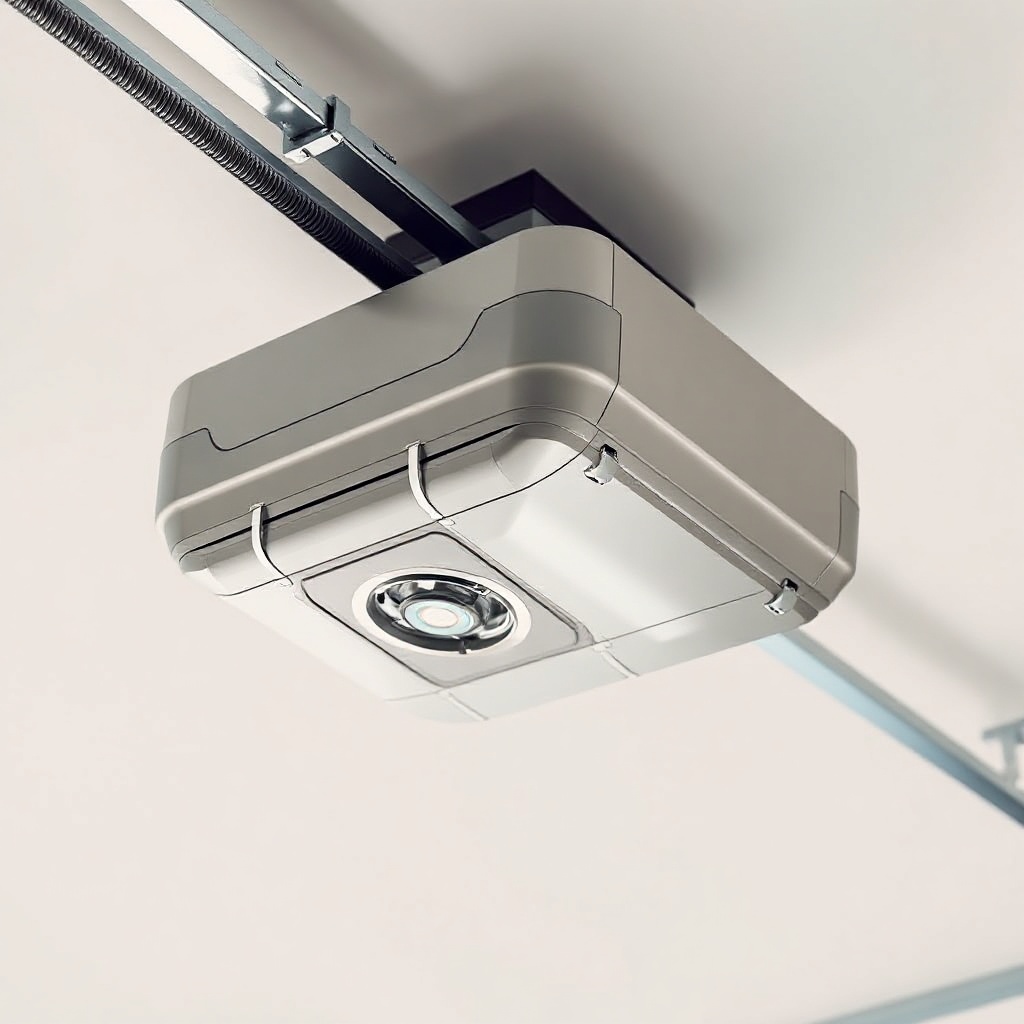 <A photorealistic photo of a Genie SilentMax 1200 garage door opener mounted on a ceiling