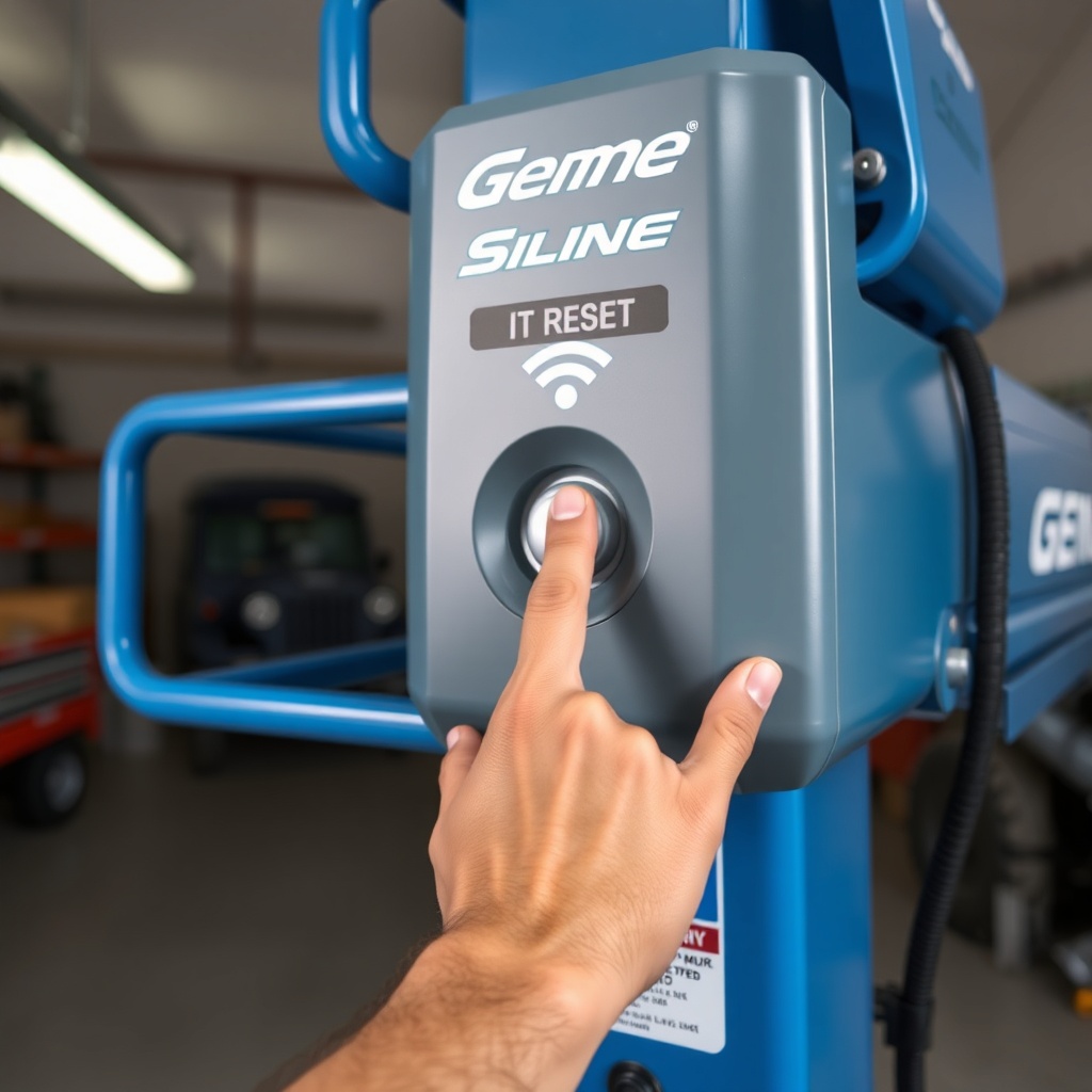 A close-up photorealistic photo of a Genie SilentMax 1200 motor head with a person pressin