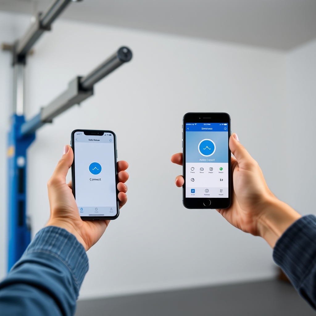 A photorealistic photo of a user holding a smartphone up to a Genie SilentMax 1200 motor h