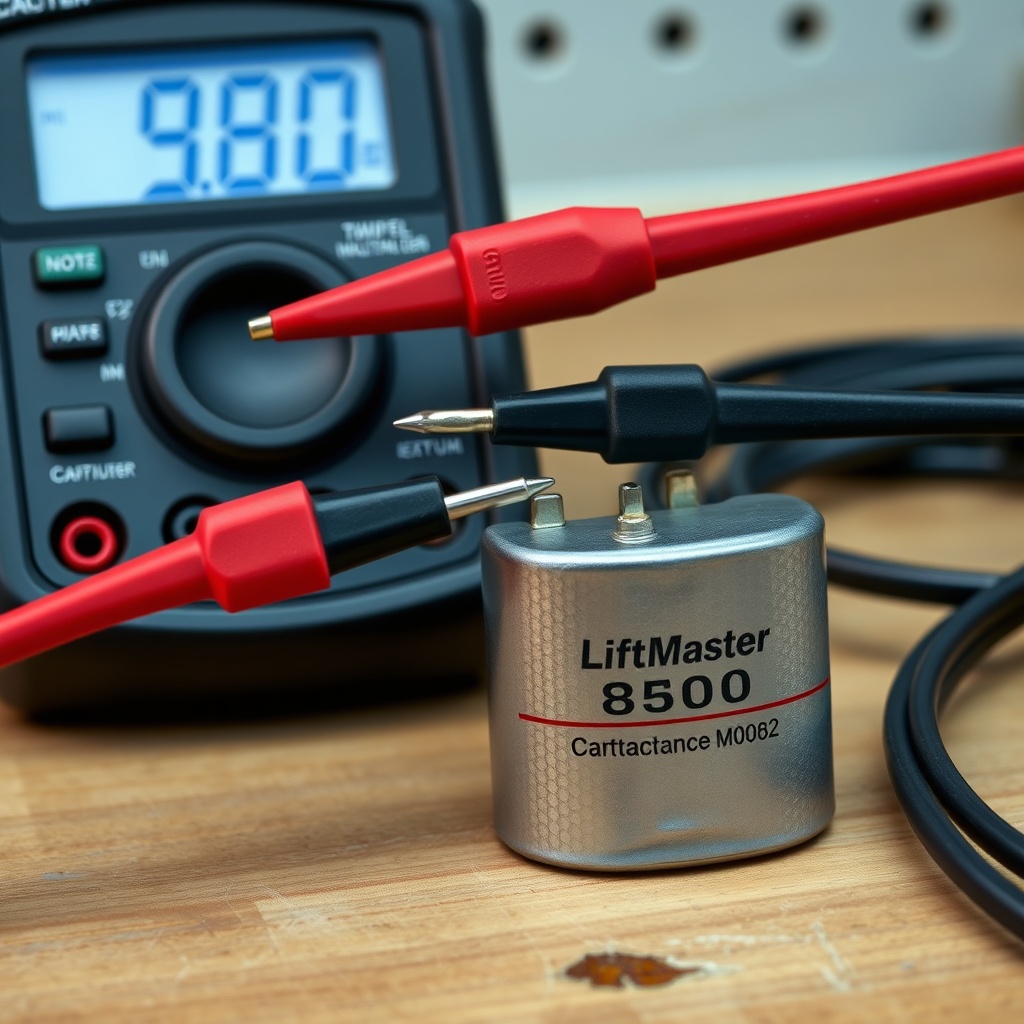 High-quality photo of a digital multimeter set to capacitance mode with red and black prob
