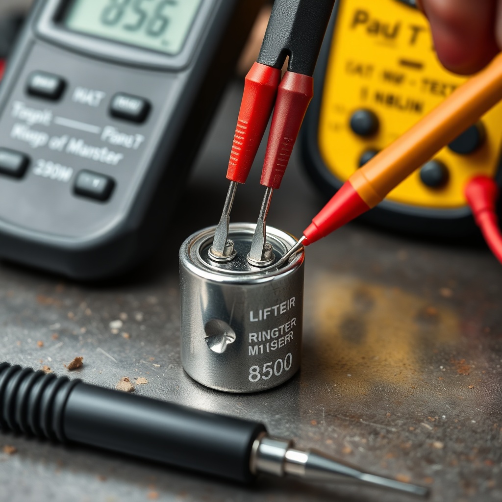 A clean photorealistic photo of a digital multimeter probes touching the two terminals of