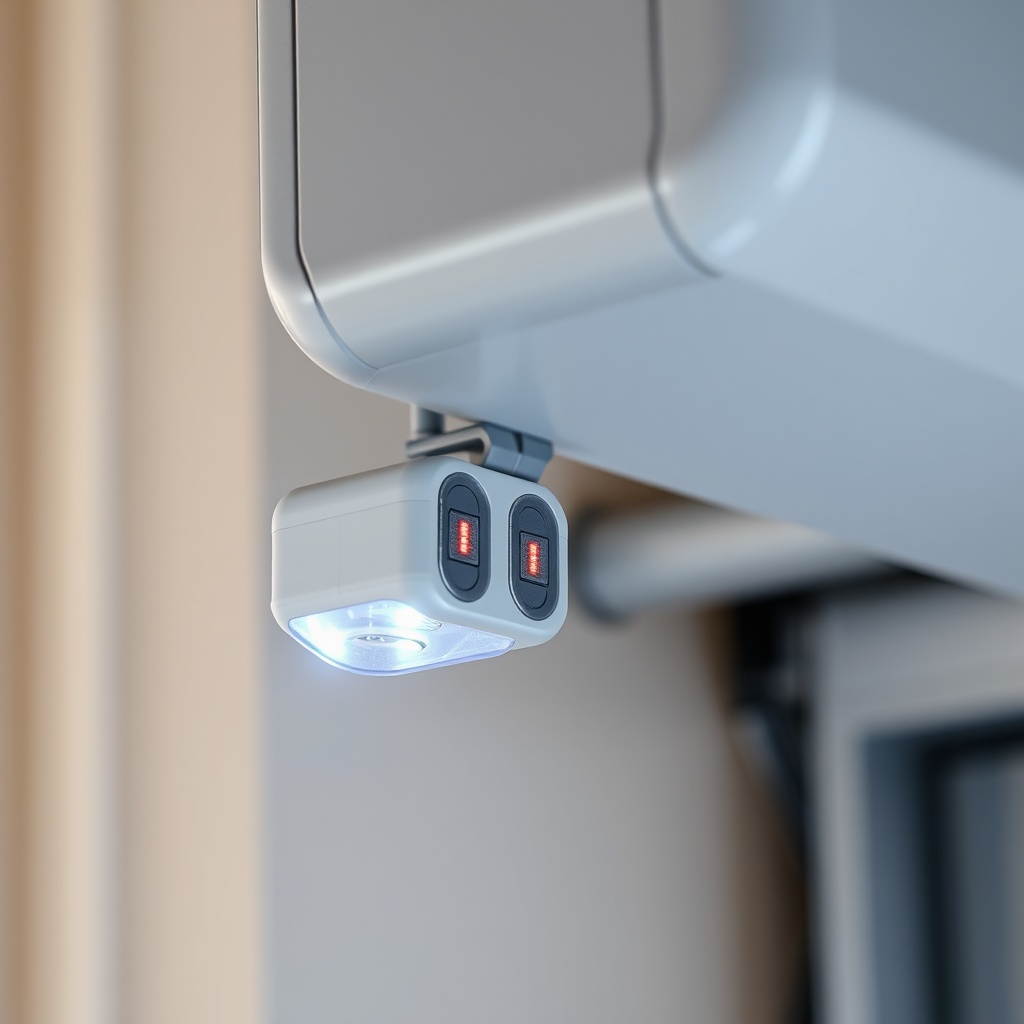 A clean photorealistic photo of a garage door opener safety sensor pair mounted near the f